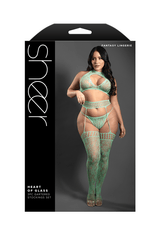HEART OF GLASS Lace knit halter tie top, g-string panty and gartered stockings (Seaglass Green)