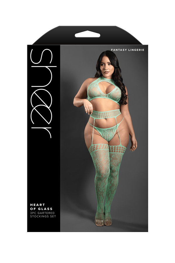 HEART OF GLASS Lace knit halter tie top, g-string panty and gartered stockings (Seaglass Green)