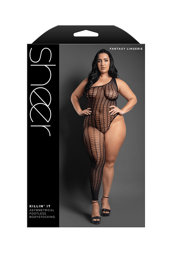 KILLIN' IT Asymmetrical footless bodystocking in grid pattern knit (Black)