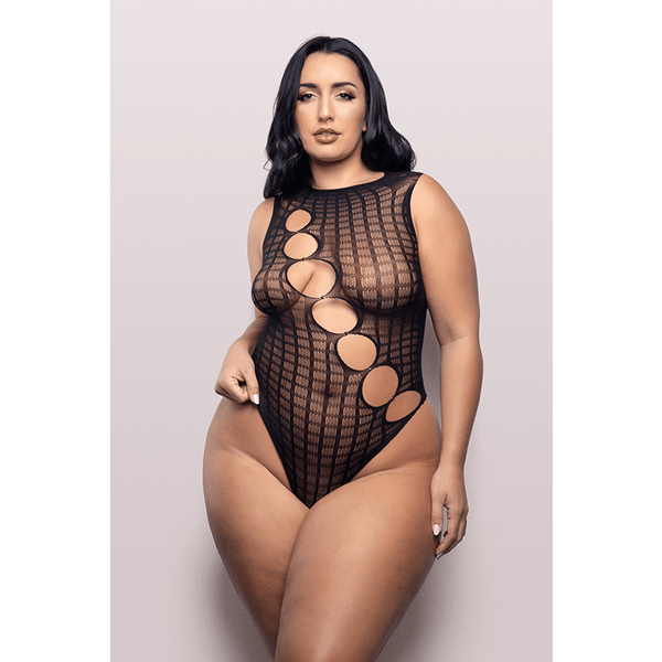 LATEST OBSESSION Teddy with diagonal rhinestone accent cut-outs in grid pattern knit (Black)