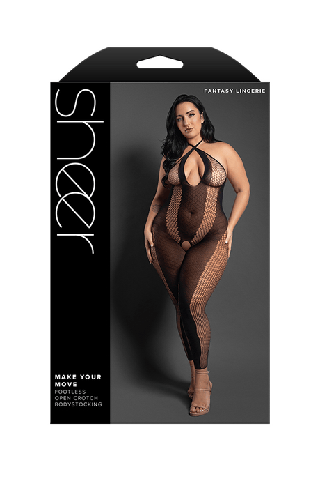 MAKE YOUR MOVE Footless open crotch halter bodystocking in striped opaque knit and fishnet (Black)