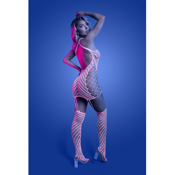 METAMORPHIC Glow-in-the-dark bodystocking dress; glows pink (White)