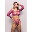 O/S - YOUR DESIRE Off-the-shoulder long sleeve top & panty in scalloped lace knit and fishnet (Magenta)