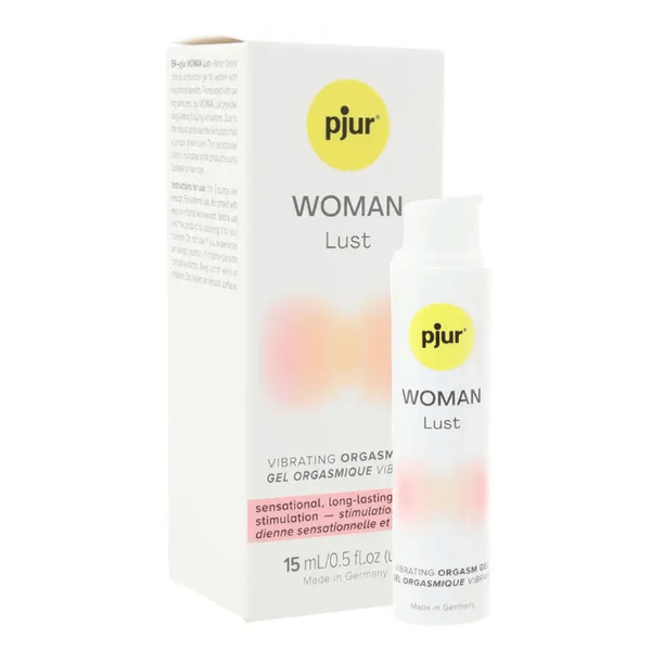 pjur Woman Lust Orgasm Gel 15mL in white and pink packaging