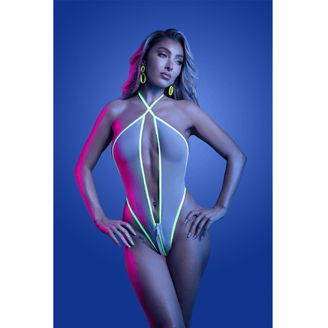 SUPERNATURAL Glow-in-the-dark plunge zipper teddy with halter ties (White)