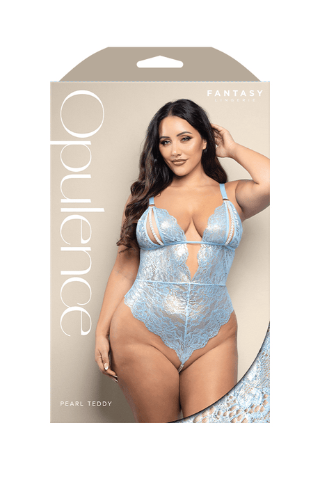 Teddy with split pearl string cups, cut-out back and pearl string crotch in metallic foil lace (Light blue)