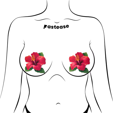 Tropical Vibrant Red Hawaiian Hibiscus Botanical Flower Breast Pasties