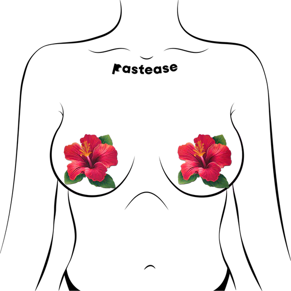 Tropical Vibrant Red Hawaiian Hibiscus Botanical Flower Breast Pasties
