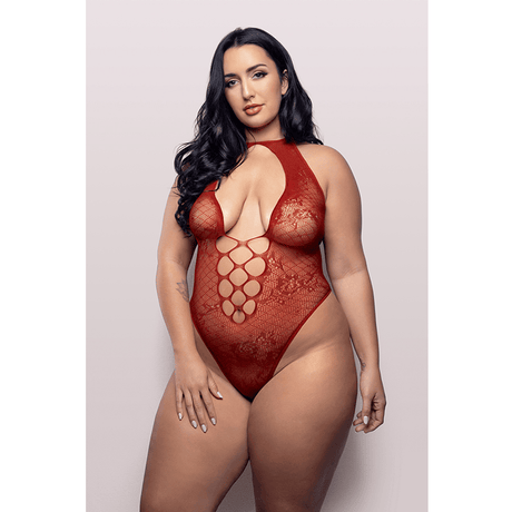 UST KISSED Halter tie plunge teddy in floral lace knit (Red)