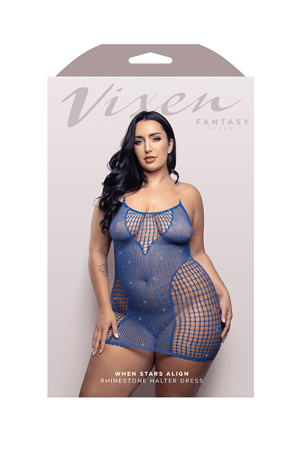 WHEN STARS ALIGN Rhinestone halter dress in opaque and grid rhinestone fishnet (Blue)